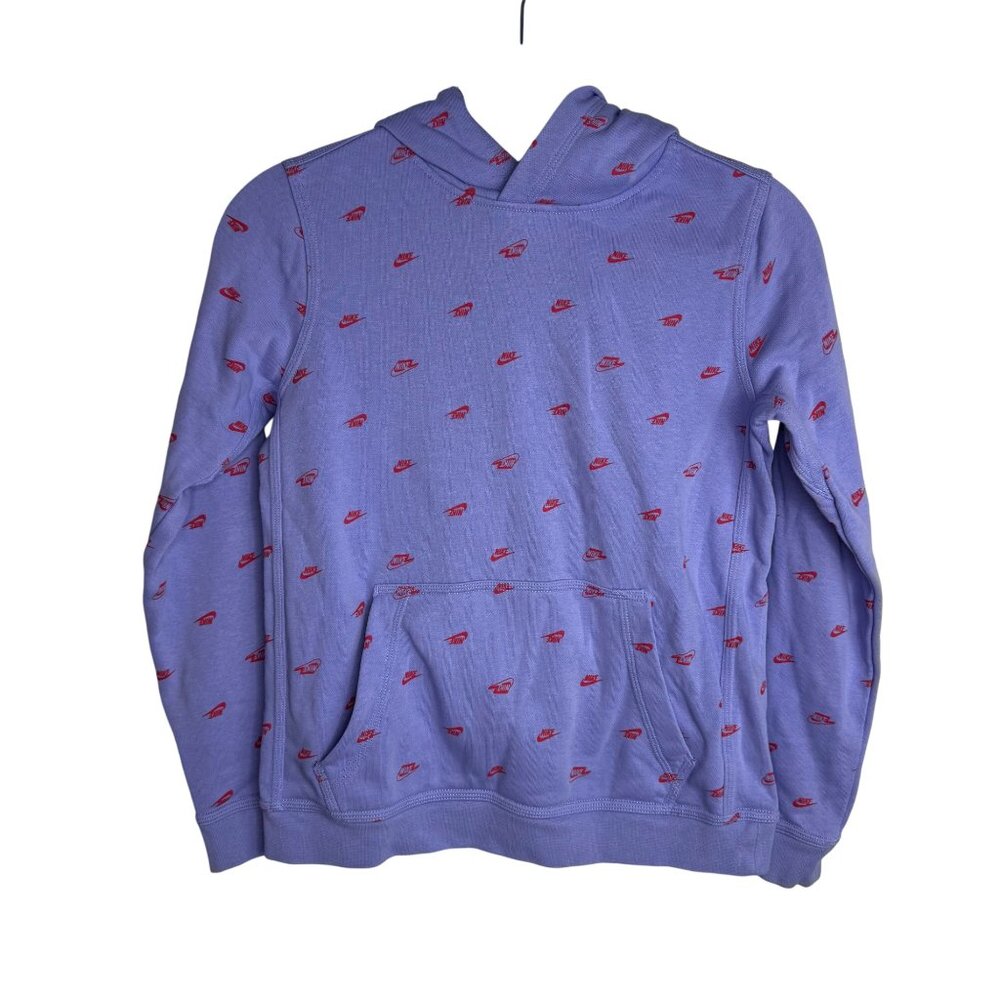 Nike Youth Size Large Purple Hoodie With Red Logo Print & Front Kangaroo Pocket